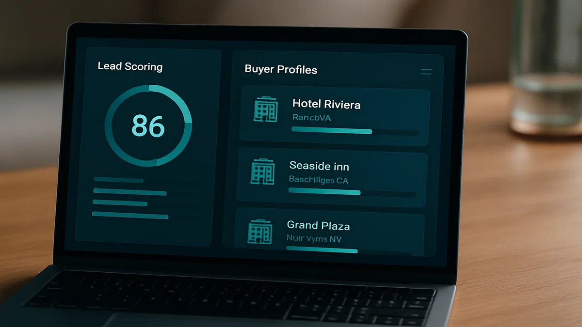 Split-screen comparison of a traditional trade show booth versus an AI dashboard displaying hotel renovation signals and qualified leads