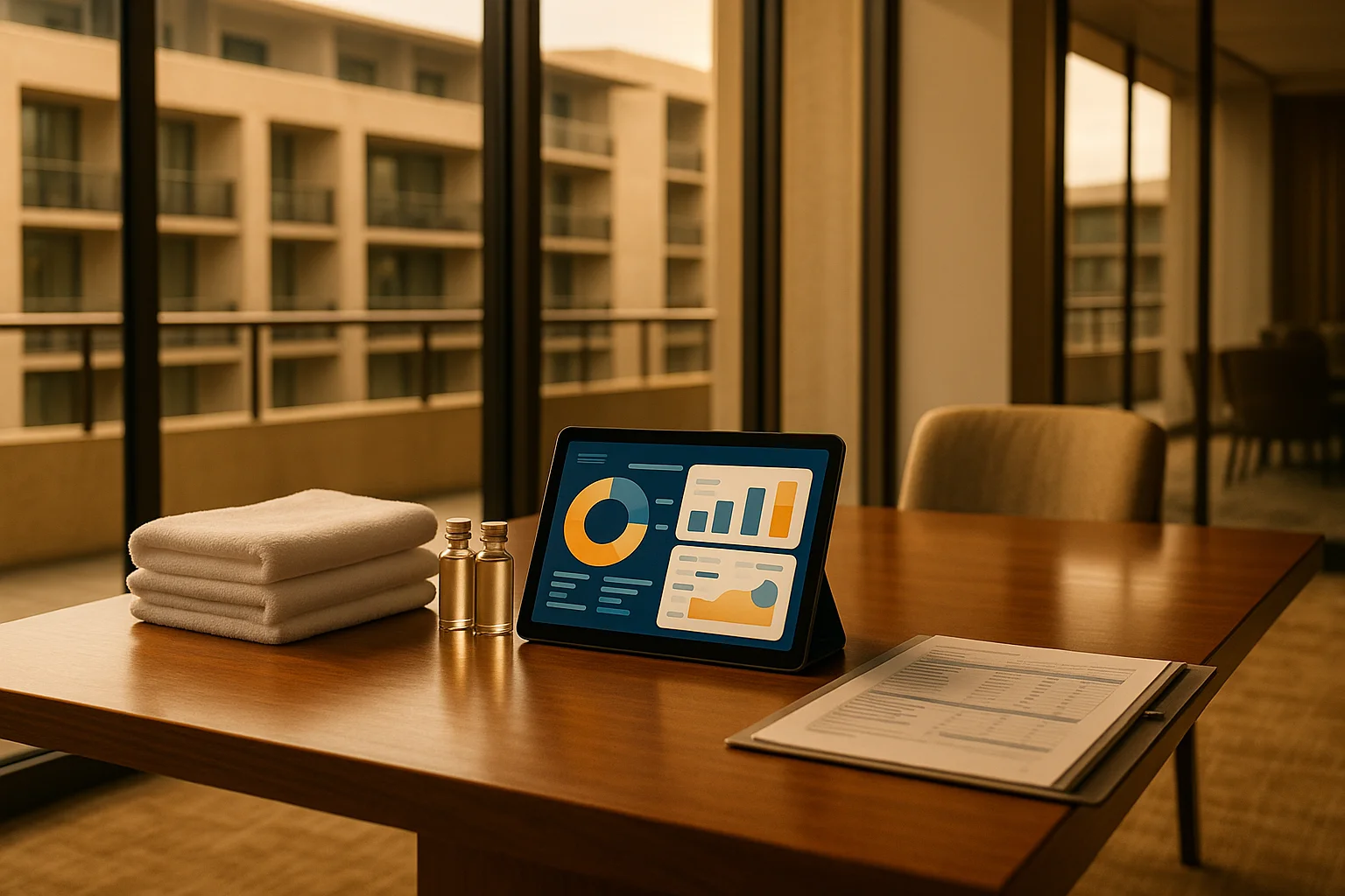 Elegant hotel supplier meeting space — walnut conference table with tablet, folded white towels, glass amenity bottles, and an open binder of spec sheets in soft golden hour light