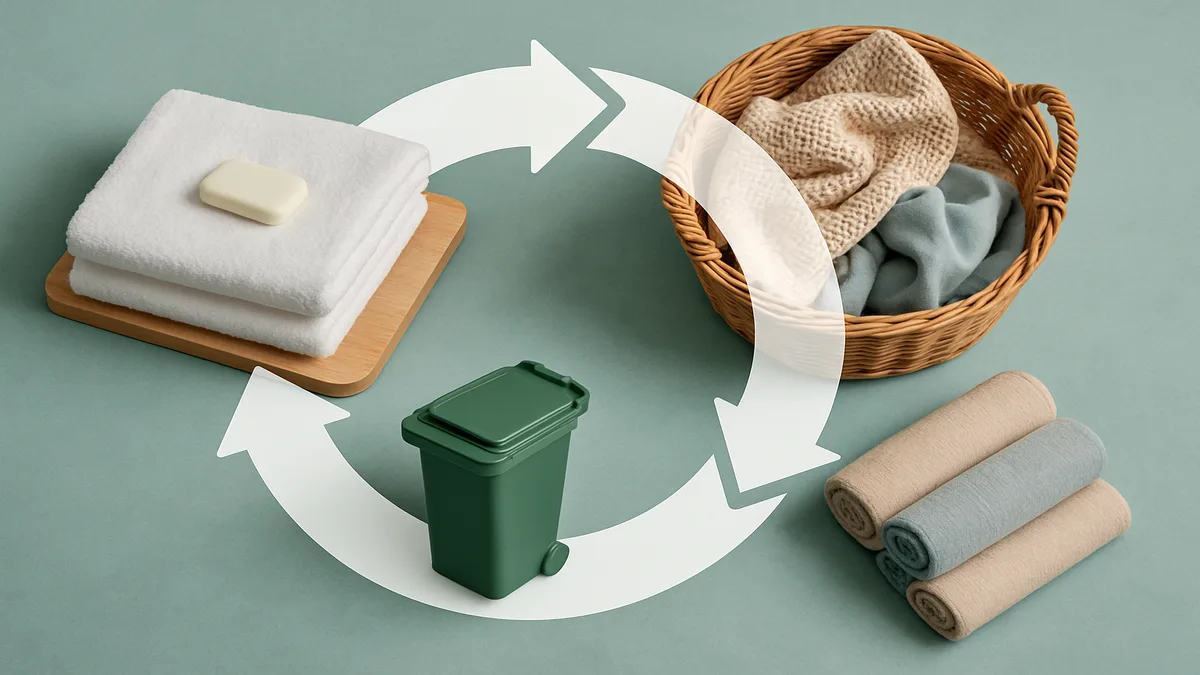 Circular economy diagram showing hotel products flowing from manufacturing through use to recycling and back to production