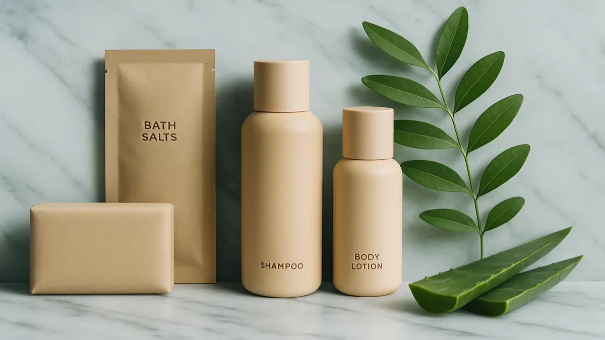Natural organic hotel amenities with plant-based ingredients and minimalist sustainable packaging on a marble surface