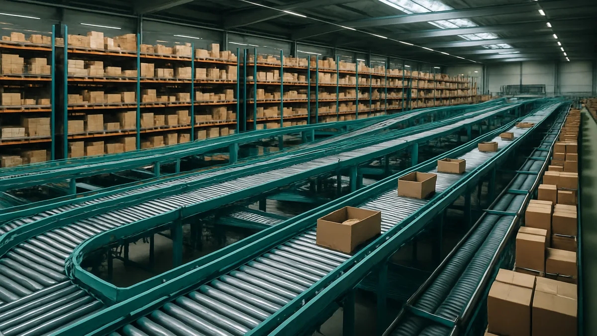 Modern distribution warehouse with automated sorting systems and neatly organized hotel supply product shelves