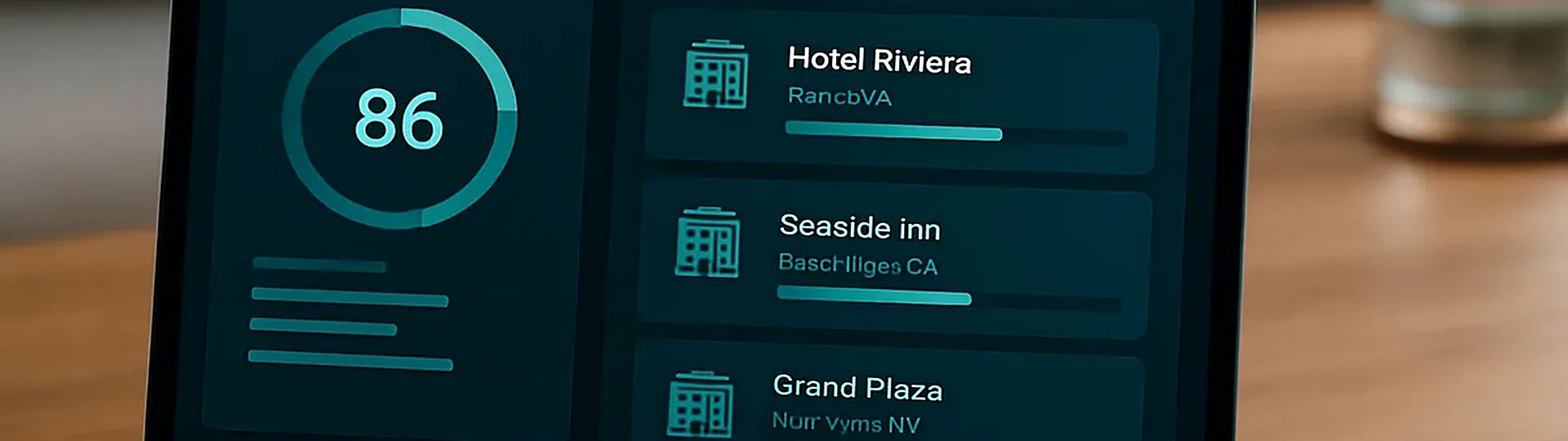 Split-screen comparison of a traditional trade show booth versus an AI dashboard displaying hotel renovation signals and qualified leads