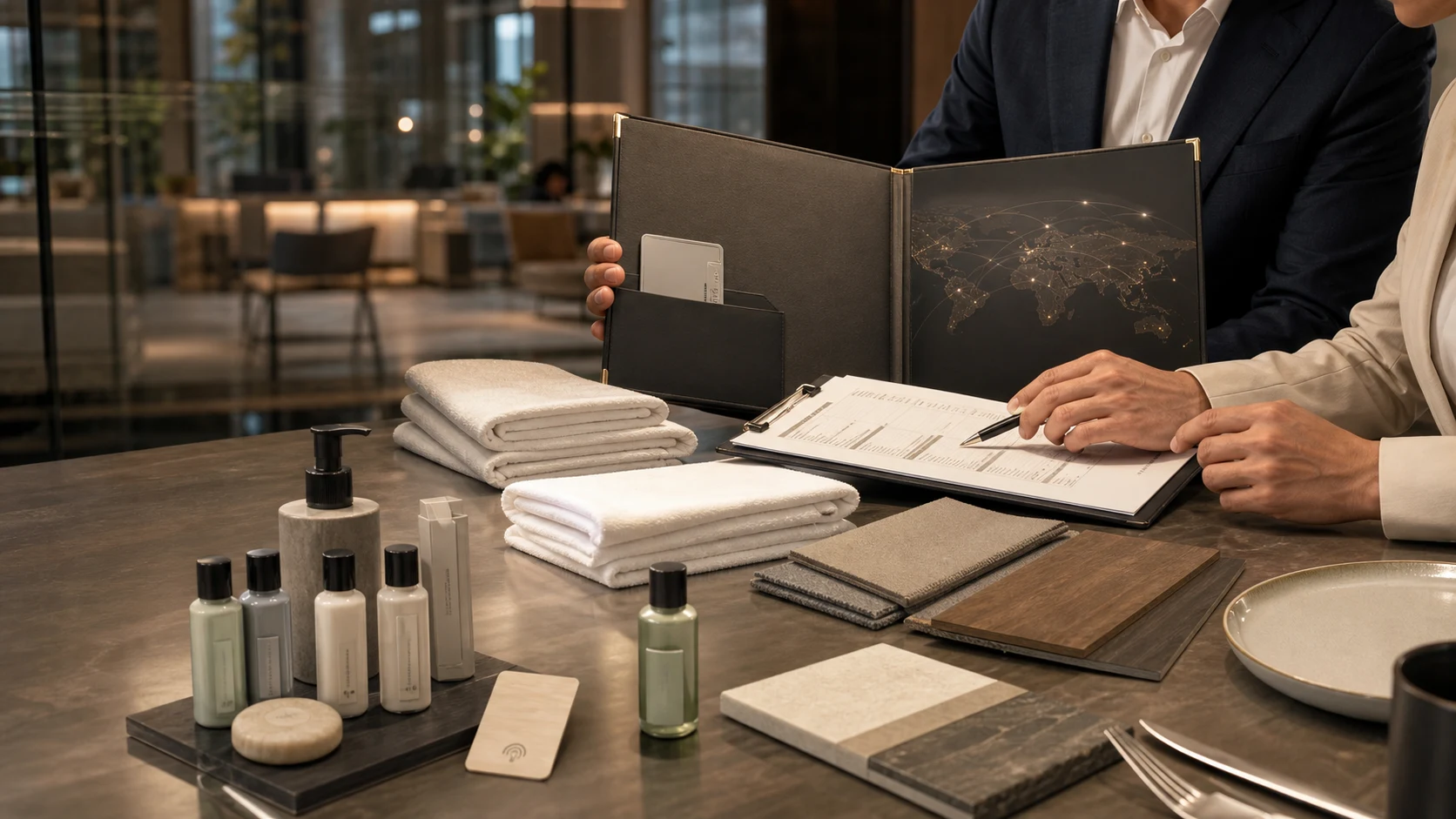 Two hotel procurement executives reviewing a supplier presentation portfolio at a polished stone table, surrounded by amenity bottles, folded white towels, fabric and stone material swatches, and a clipboard of performance data, with a modern hotel lobby softly out of focus in the background