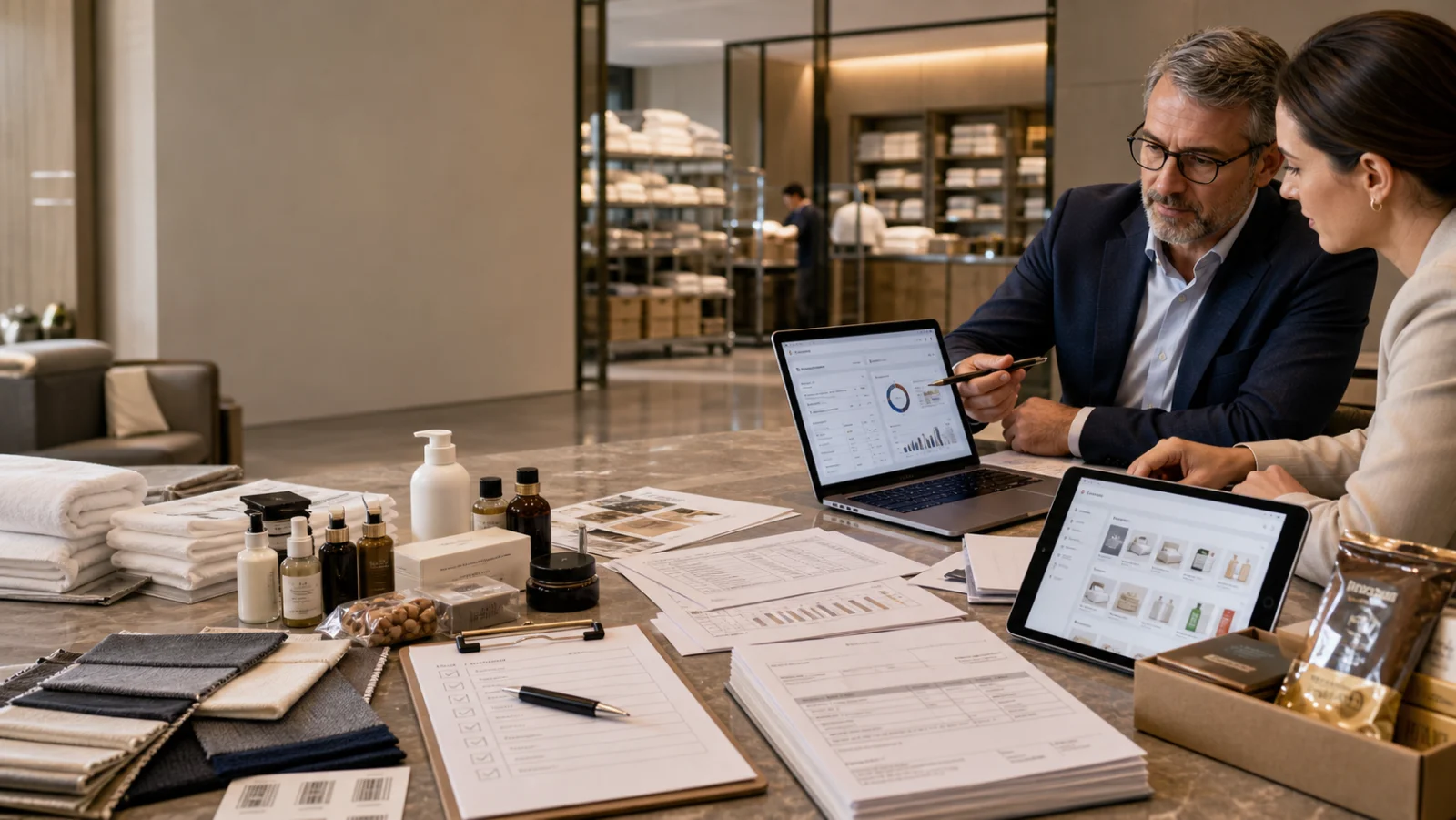 Hotel purchasing manager and supplier lead reviewing procurement dashboards, product catalogs, invoices, linens, amenities and foodservice samples in a luxury hotel operations room