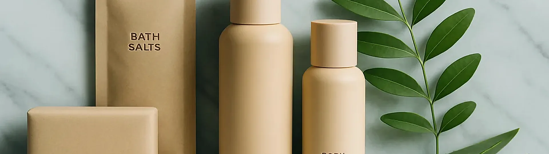 Natural organic hotel amenities with plant-based ingredients and minimalist sustainable packaging on a marble surface