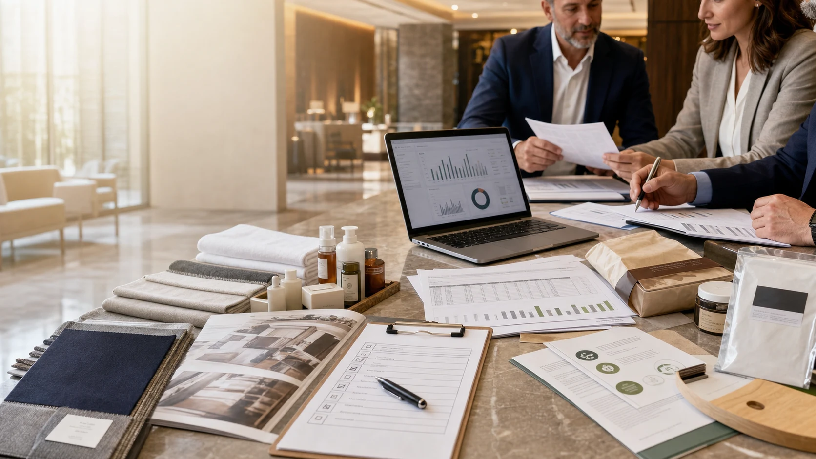 Deux directeurs des achats hôteliers dans un lobby d'hôtel lumineux, examinant des propositions de fournisseurs — un ordinateur portable affichant des tableaux de bord analytiques, des échantillons de tissus et de textiles, des flacons de produits d'accueil, des échantillons de produits écoresponsables et des grilles d'évaluation de RFP sont étalés sur une table en marbre