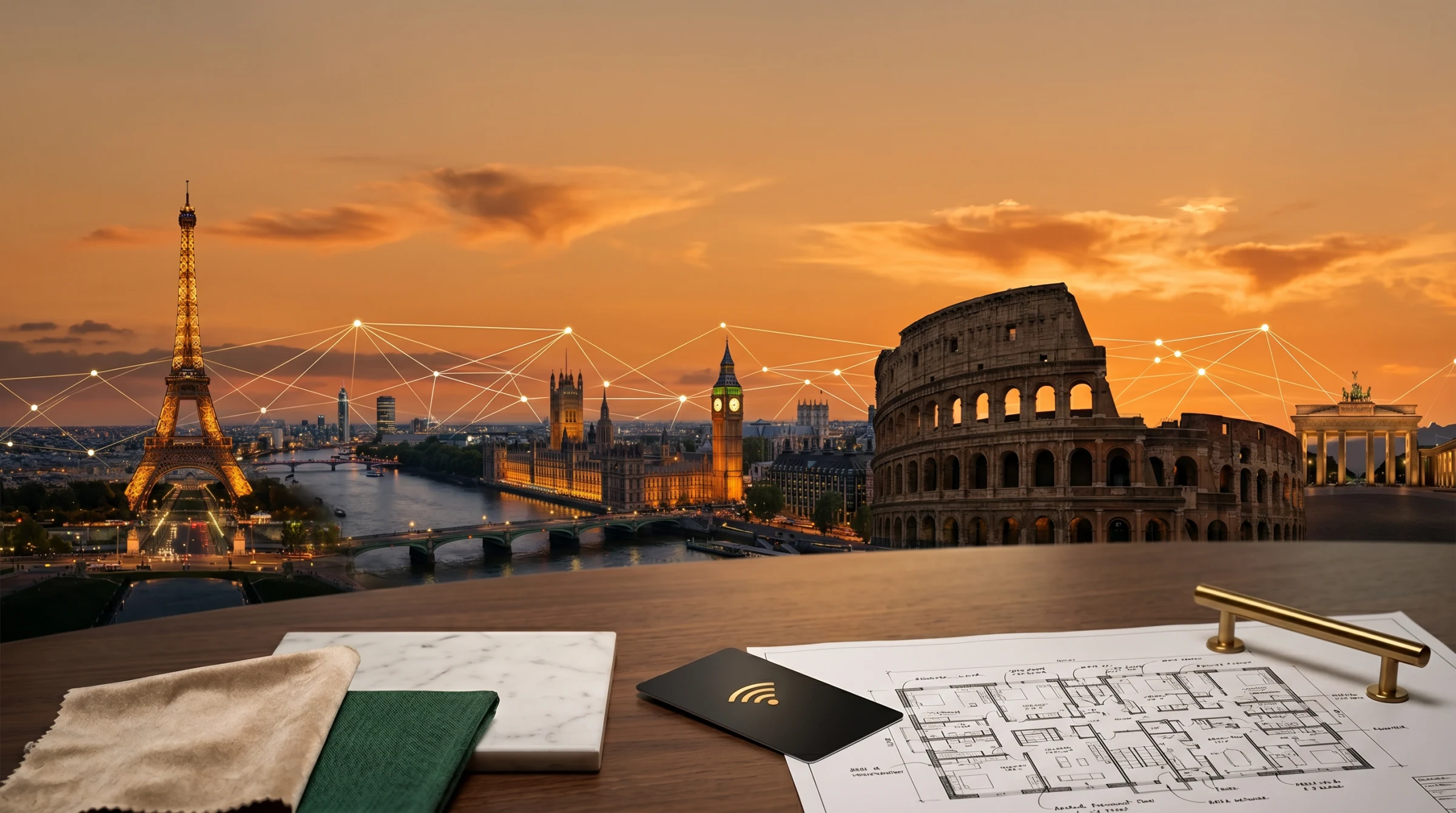 European hotel skyline with London, Paris, Rome and connected procurement data network over FF&E sample materials