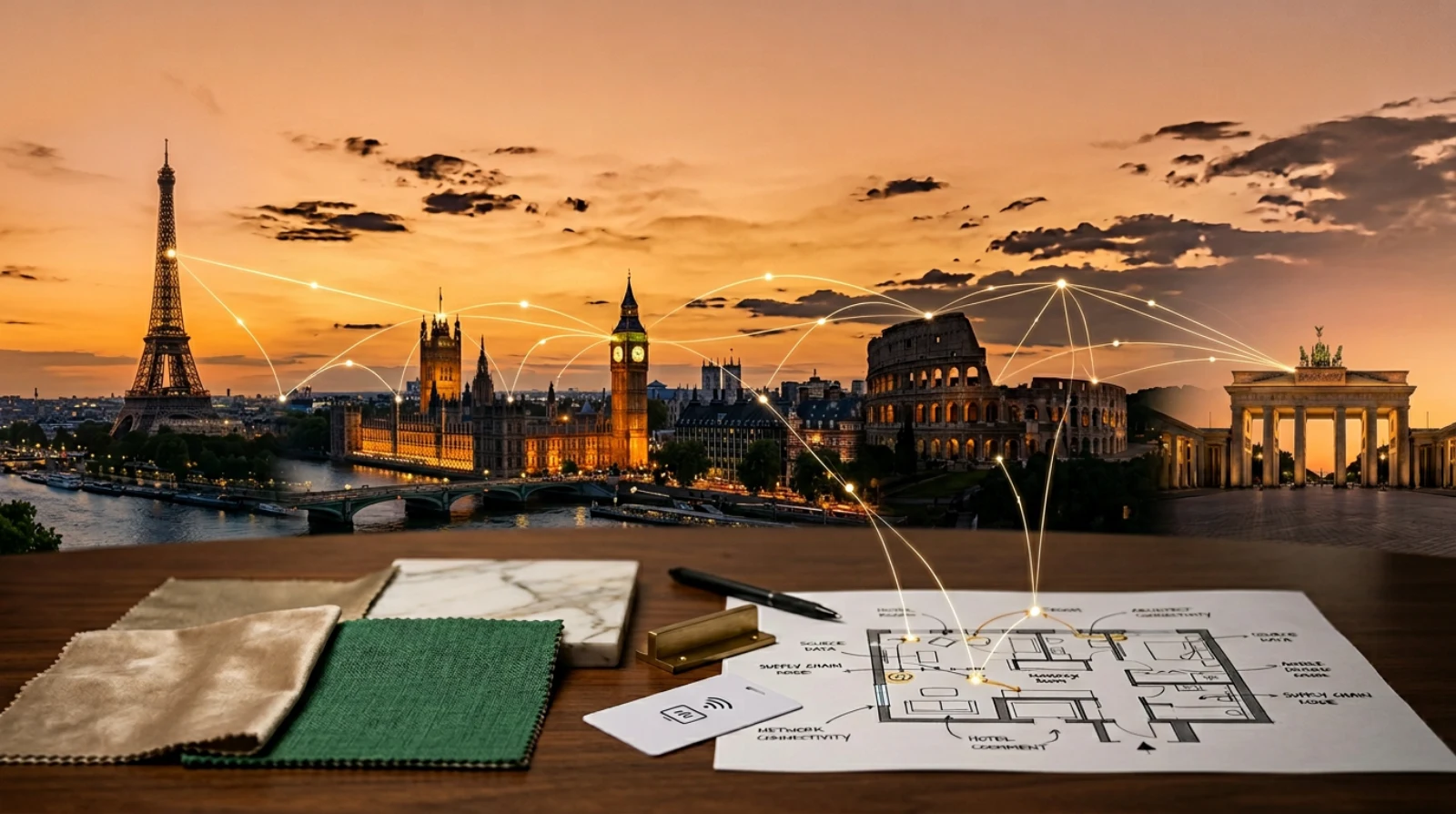 European hotel skyline with London, Paris, Rome and connected procurement data network over FF&E sample materials