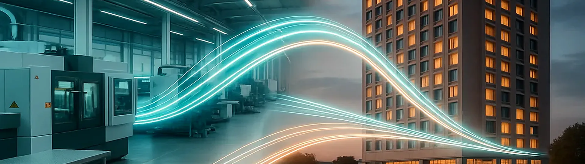 Factory floor with digital screens showing direct B2B e-commerce platform connecting hotel product manufacturer to hotel procurement buyer