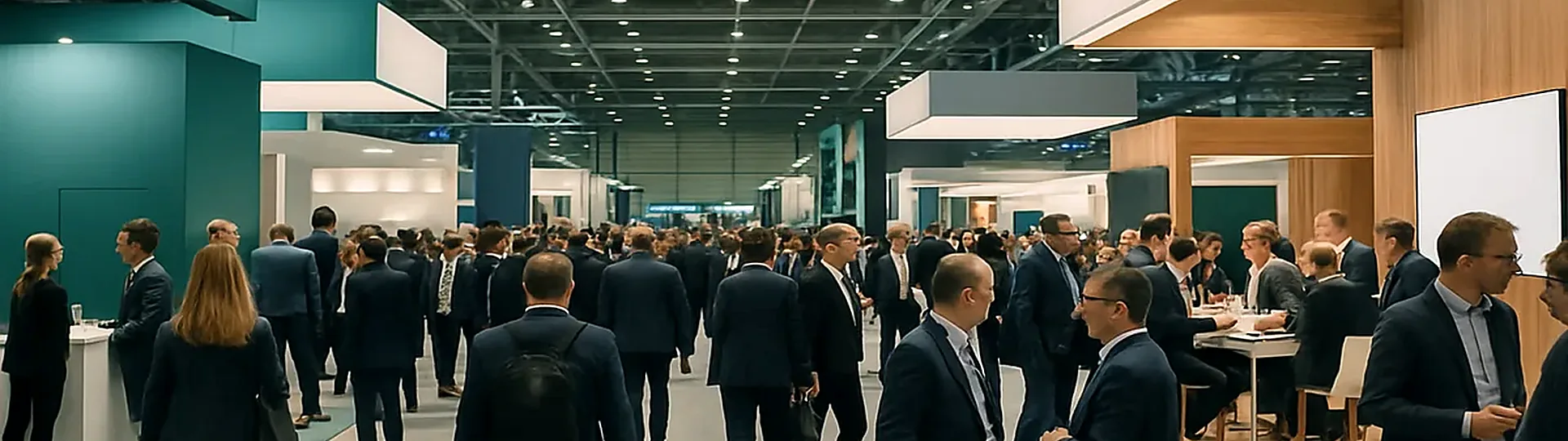 Busy hotel industry trade show floor with exhibitor booths and attendees networking