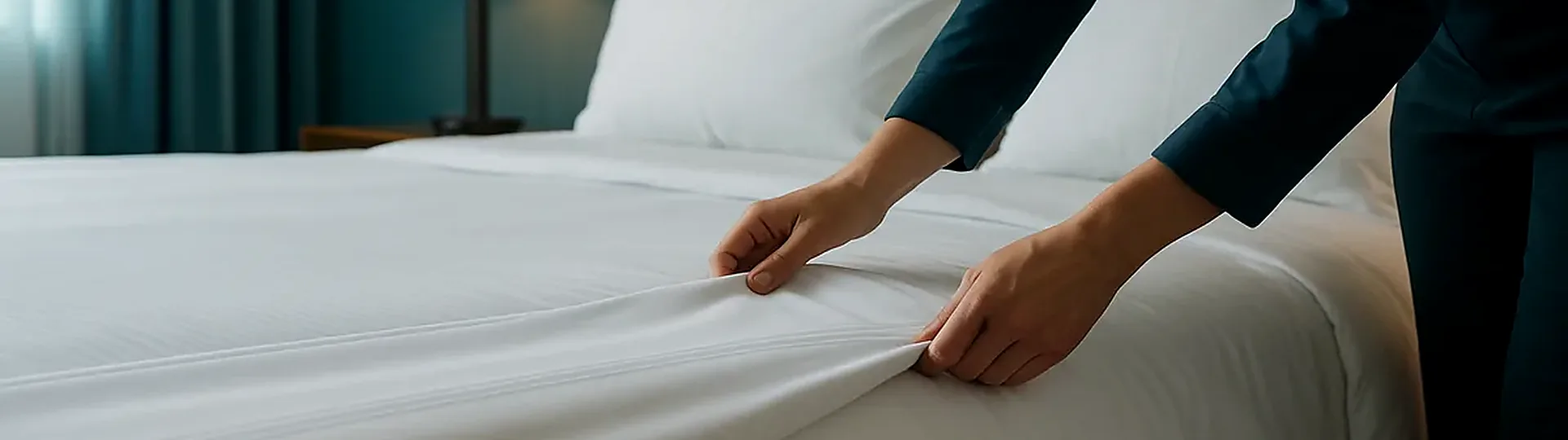 Stacked white hotel linens showing premium thread count and weave quality for luxury hotel supply