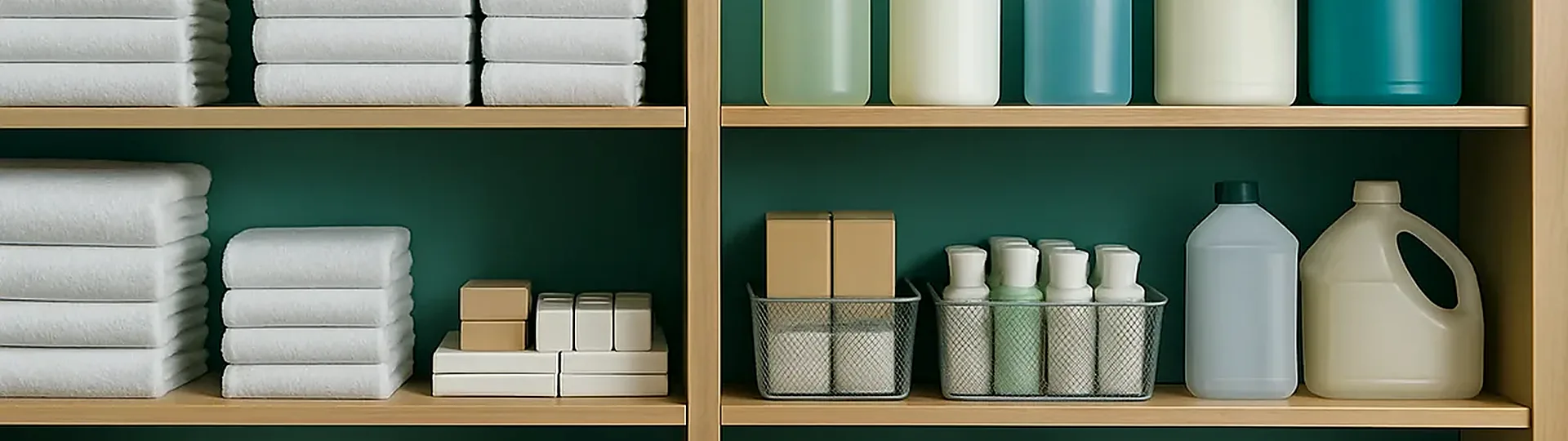 Organized hotel operating supplies including folded white towels, amenity bottles, hangers, and housekeeping cart supplies