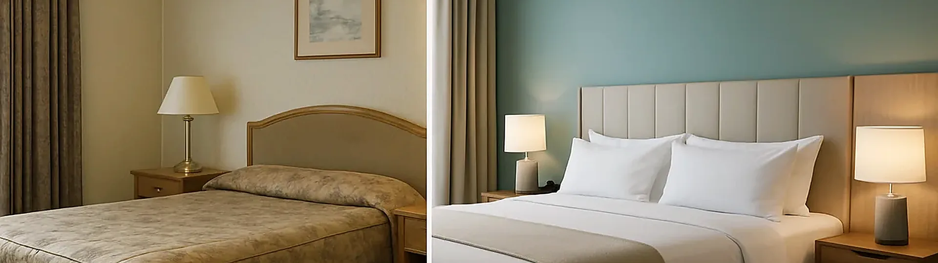 Hotel guest room mid-renovation with new furniture being installed alongside construction plans and FF&E specification documents