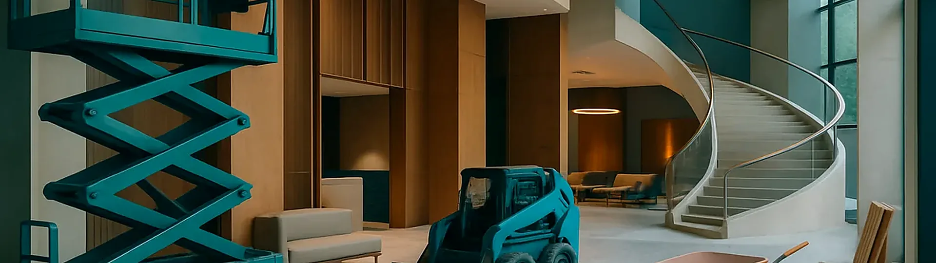 Construction crews renovating a hotel lobby with exposed framing and new FF&E materials staged for installation