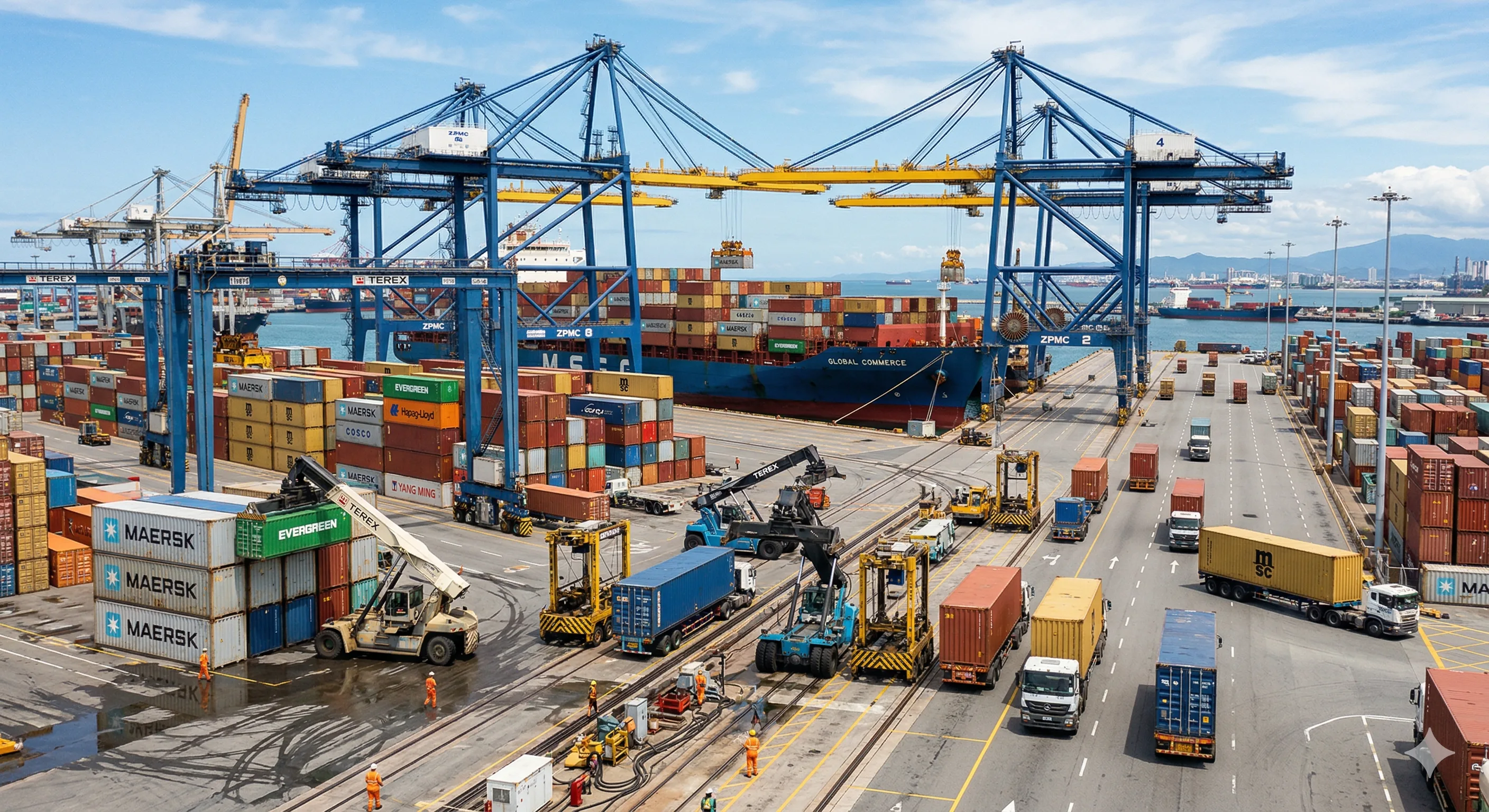 Container di spedizione impilati al porto che rappresentano le interruzioni della catena di fornitura alberghiera nel 2022