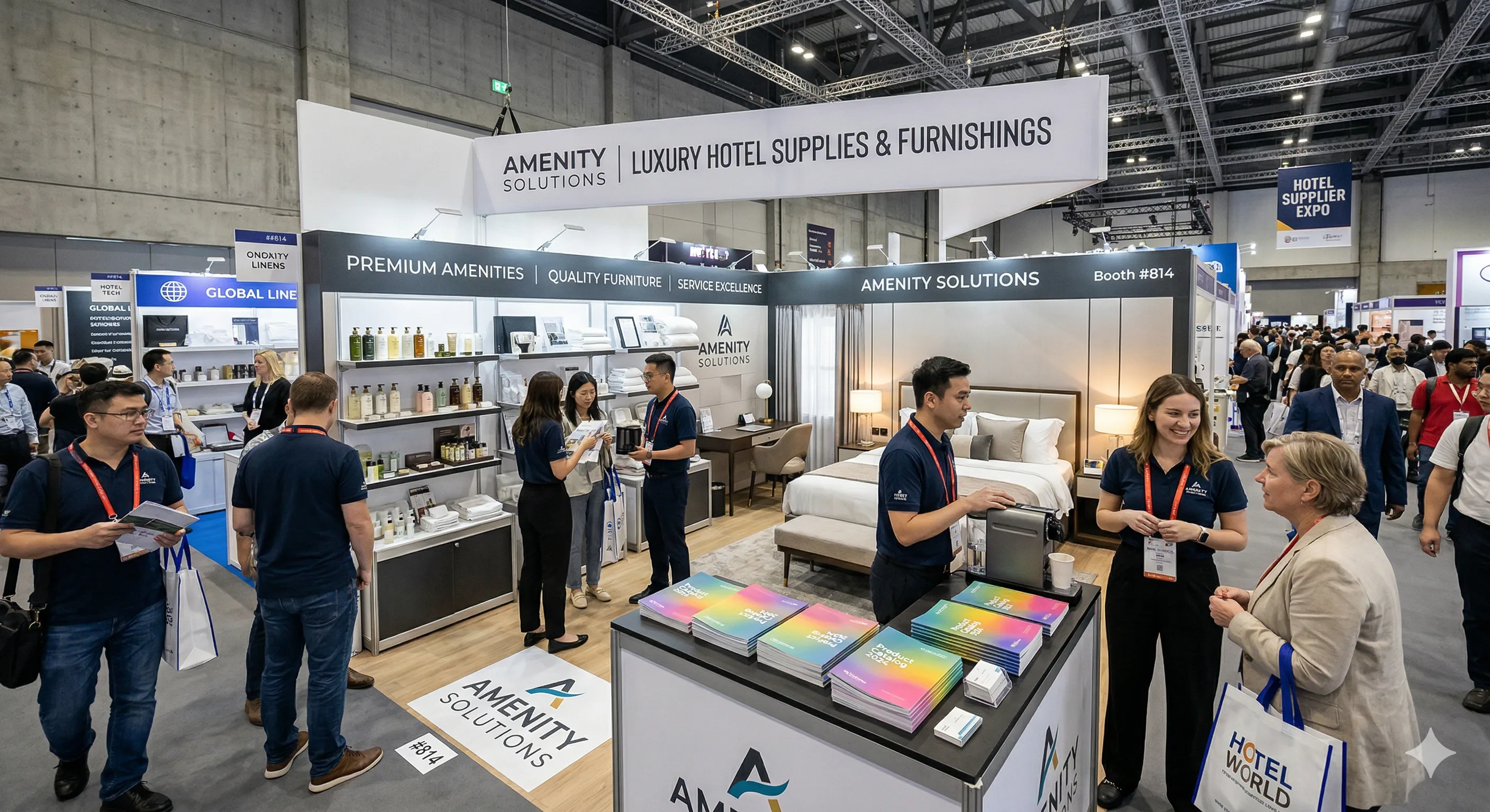 Affollato piano espositivo di una fiera del settore alberghiero con stand espositivi e partecipanti che fanno networking