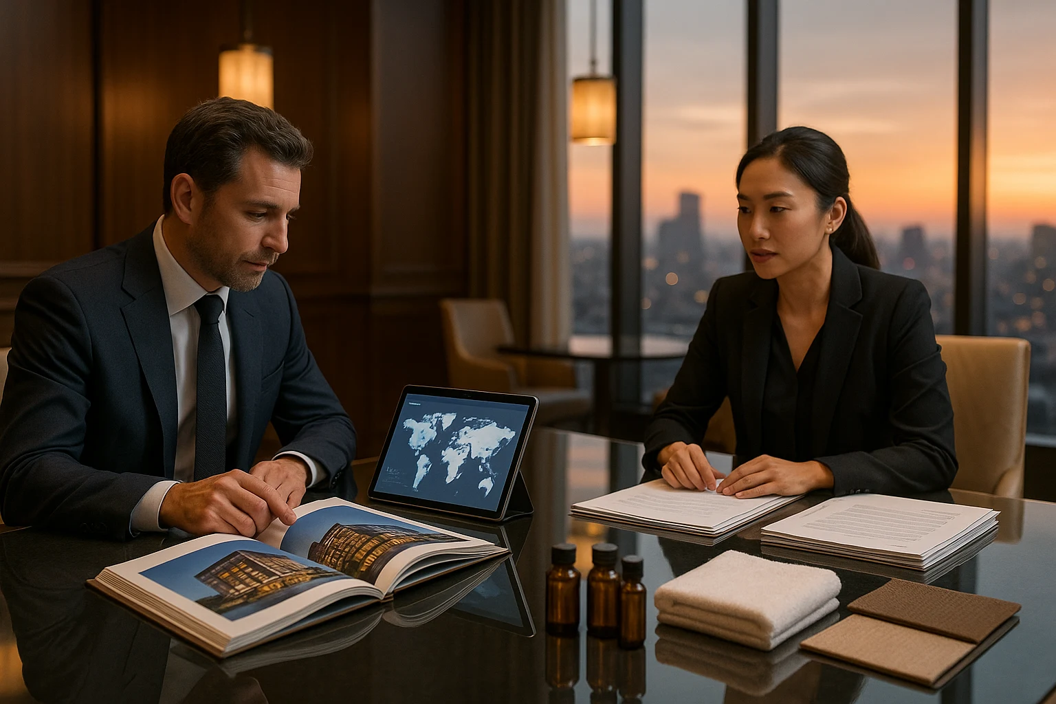 Two procurement executives reviewing supplier portfolios in an upscale international hotel boardroom — glass conference table with tablet showing global supplier analytics, supplier directories, contract documents, premium amenity samples and material swatches against warm brass and walnut interiors