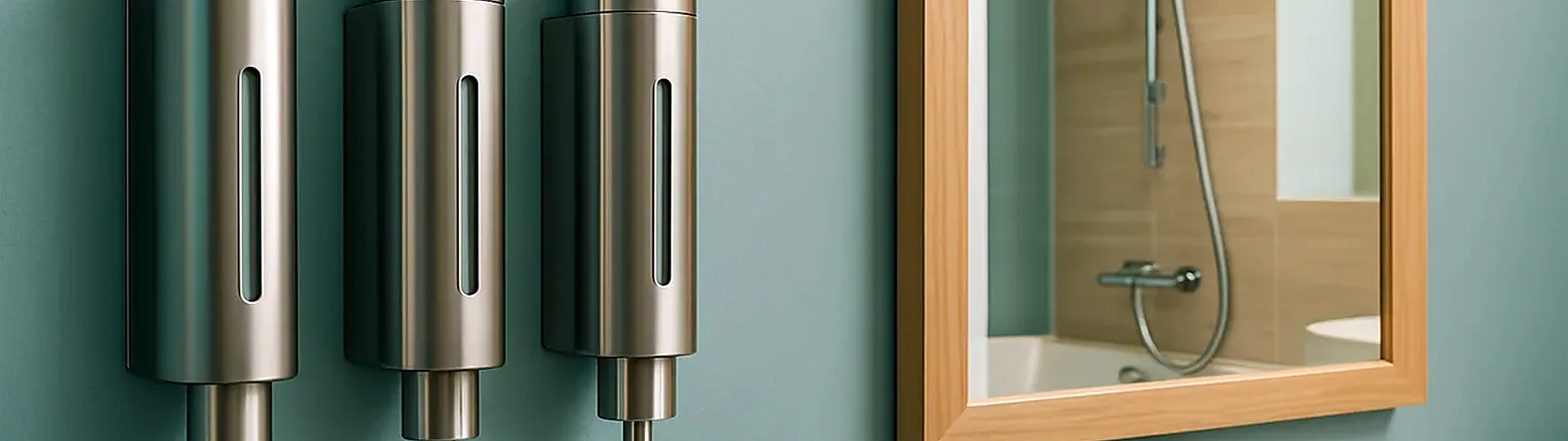 Wall-mounted refillable soap and shampoo dispensers in a modern hotel bathroom replacing single-use mini bottles