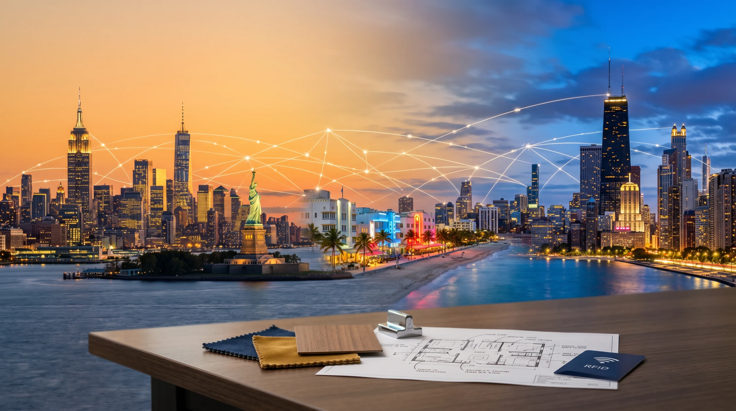 美国酒店天际线，包括纽约、迈阿密、拉斯维加斯，以及覆盖FF&E样品材料的互联采购数据网络。