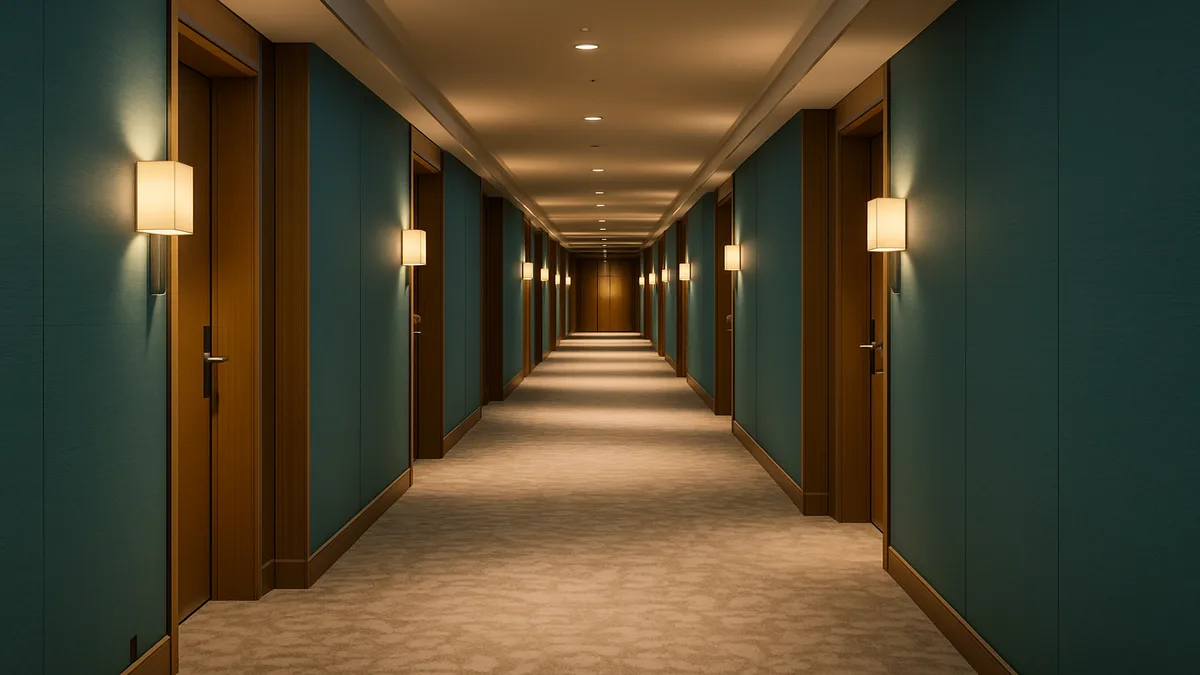 Hilton hotel property exterior with professional supplier meeting in a conference room setting