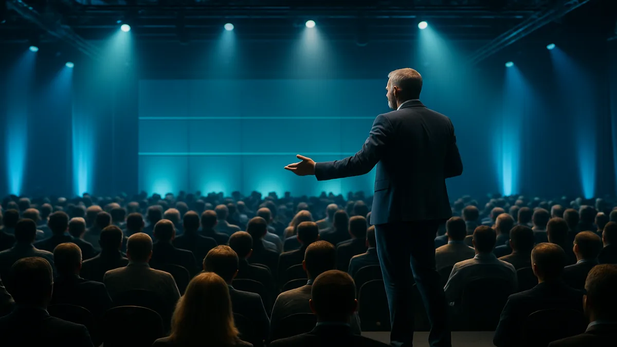 Bustling hospitality technology trade show floor with exhibitor booths and attendees networking