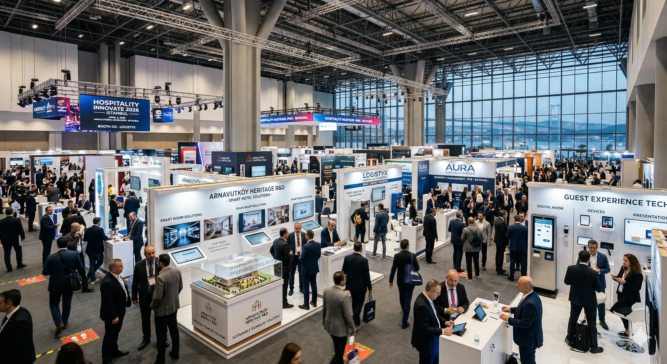 Vivace fiera tecnologica dell'ospitalità con stand espositivi e partecipanti che fanno networking