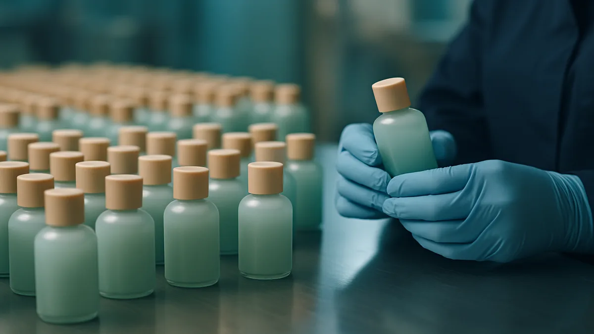 Rows of premium hotel bathroom amenities arranged on a marble countertop with wholesale packaging visible in the background