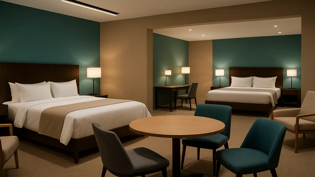 Hotel room interior showcasing wholesale hospitality furniture including casegoods, upholstered seating, and a desk