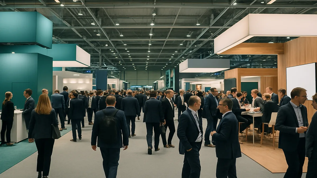 Busy hotel industry trade show floor with exhibitor booths and attendees networking