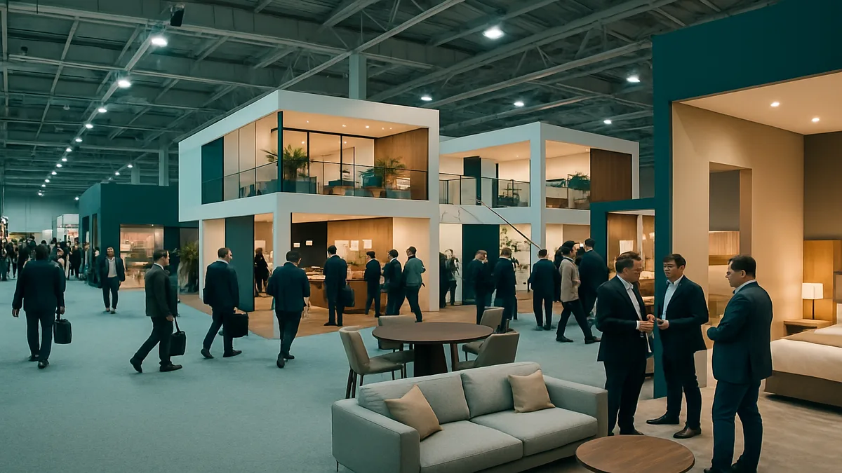 Busy hotel industry trade show floor with exhibitor booths and networking professionals