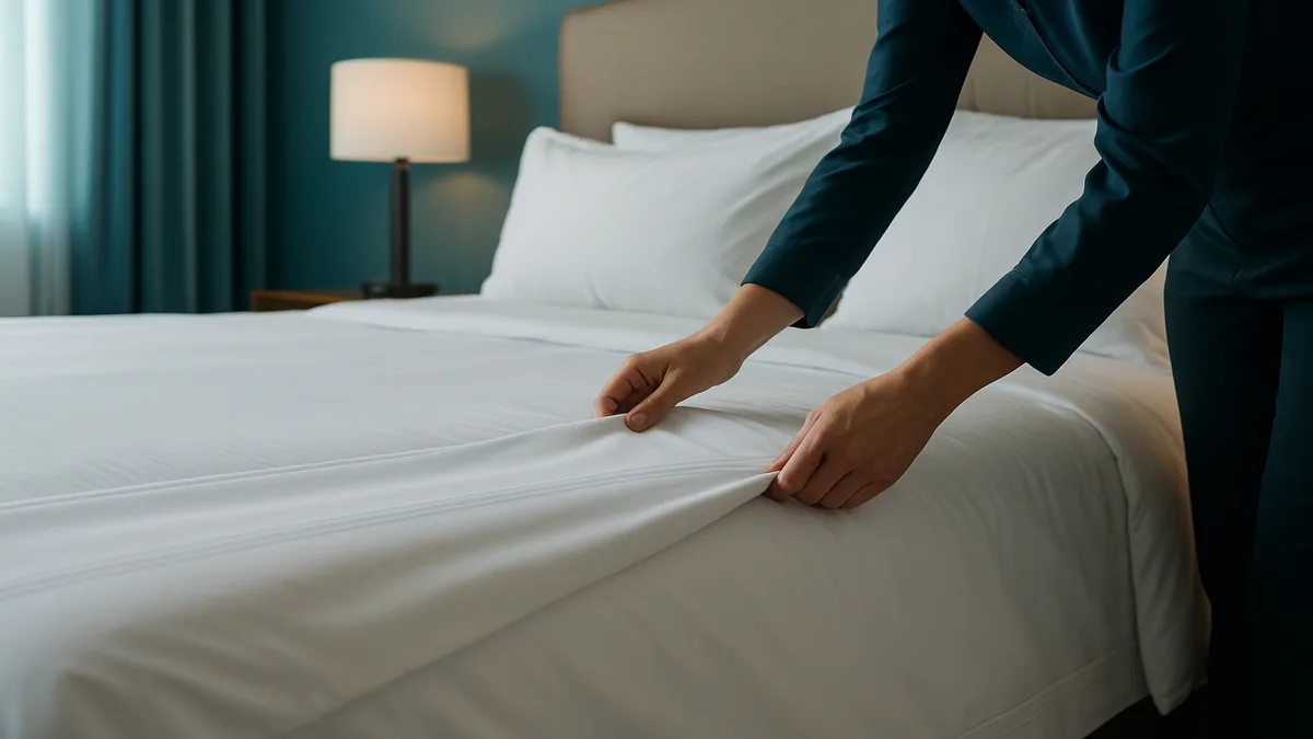 Stacked white hotel linens showing premium thread count and weave quality for luxury hotel supply