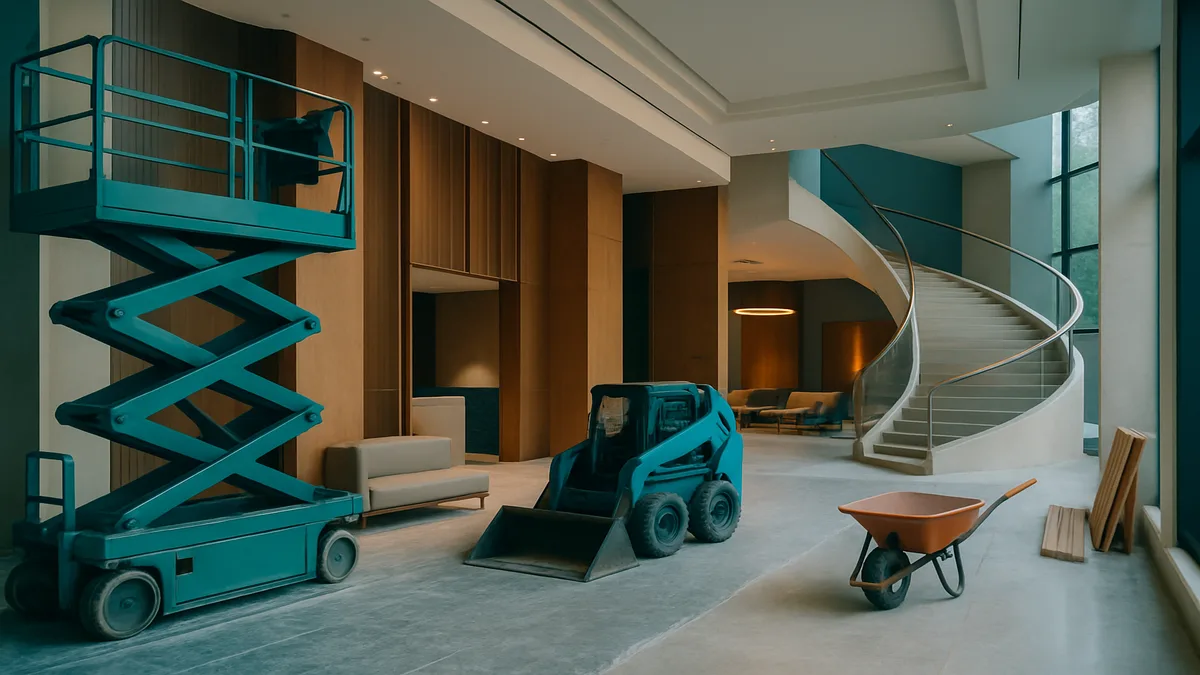 Construction crews renovating a hotel lobby with exposed framing and new FF&E materials staged for installation