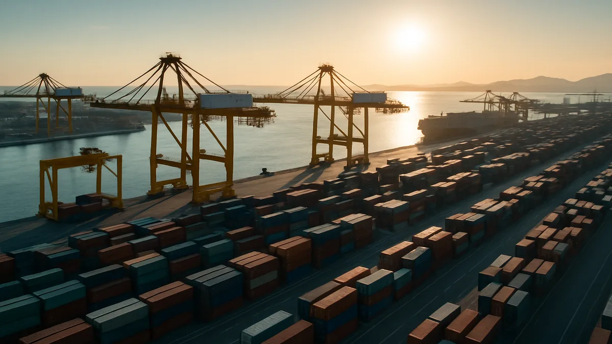 Shipping containers stacked at port representing hotel supply chain disruptions in 2022