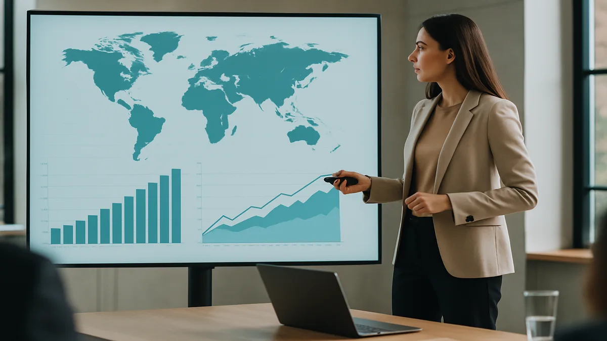 Aerial view of a global hotel supply chain map with data overlays showing market size and growth trajectories by region