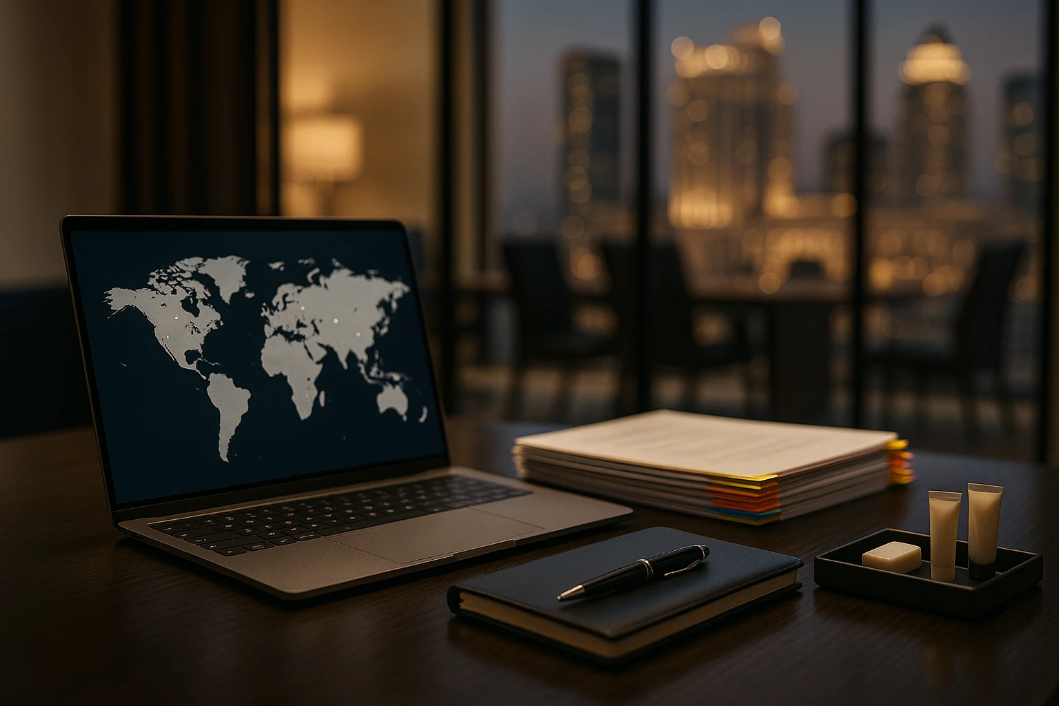 Global hotel chain procurement office desk with a laptop showing a world map of property locations, a stack of RFP responses, an executive notebook, and a tray of hotel amenity samples