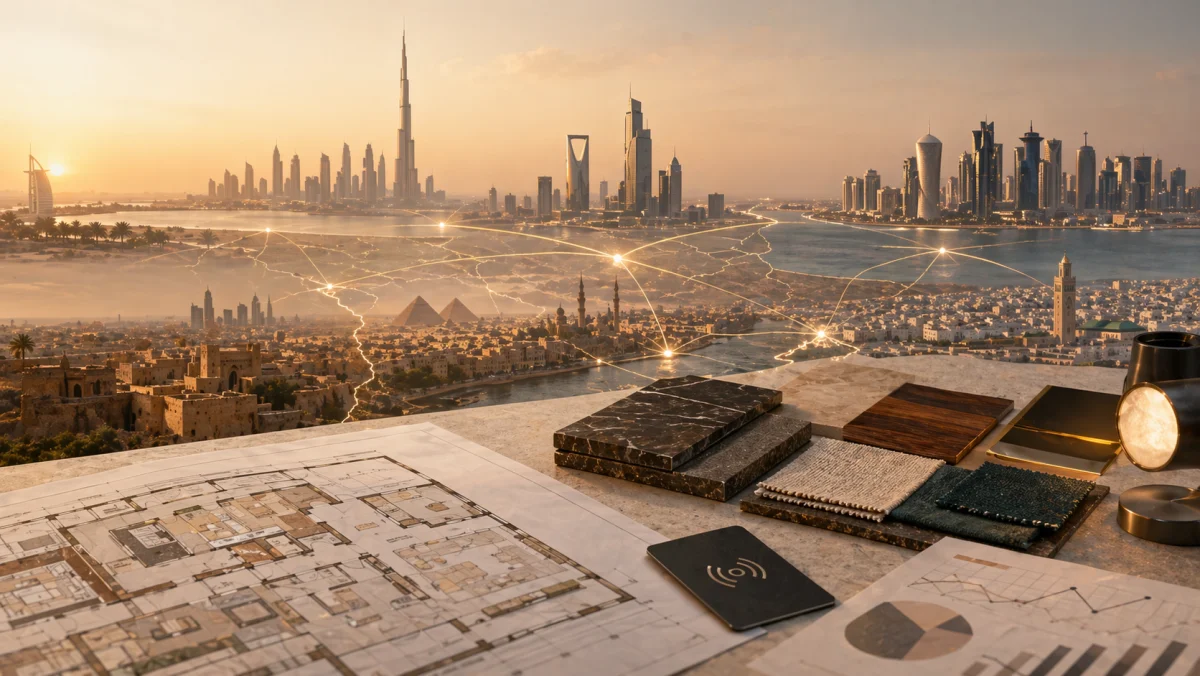 Middle East hotel skyline — Dubai Burj Khalifa, Cairo pyramids — overlaid with procurement data network and FF&E material samples