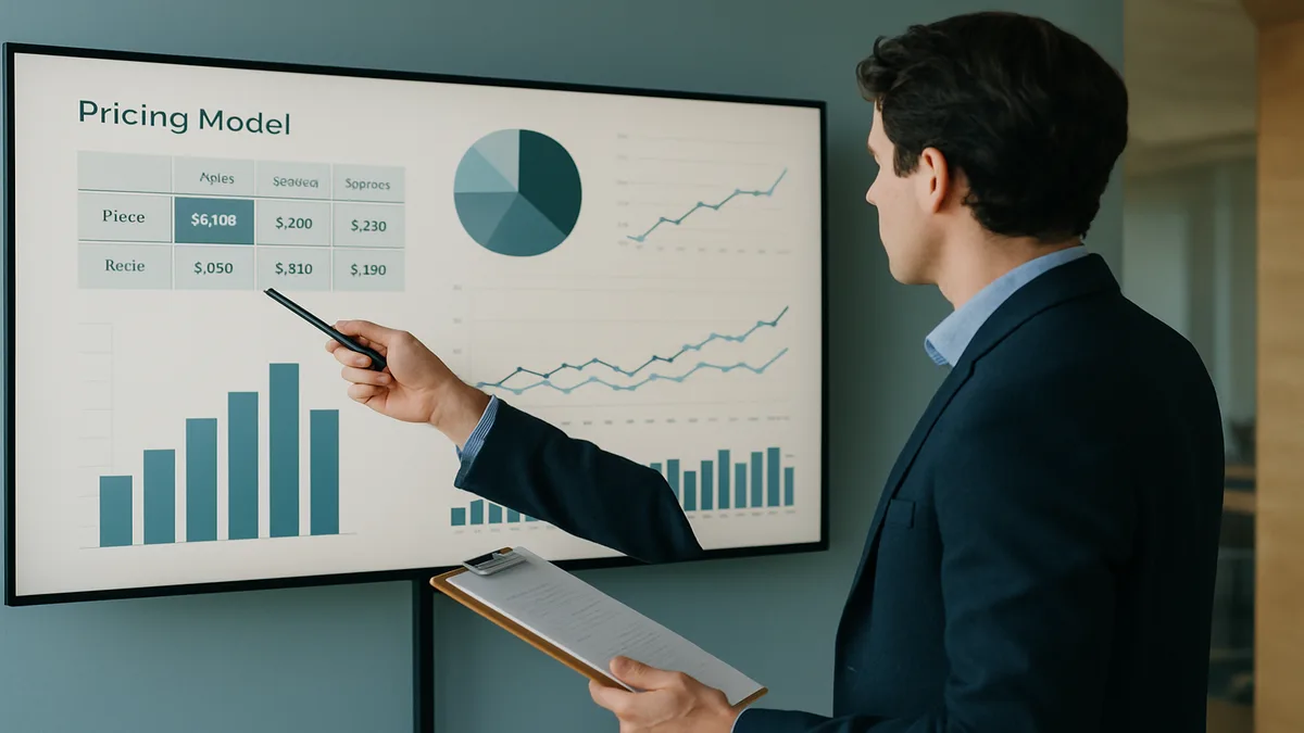 Hotel supplier pricing strategy meeting with cost analysis spreadsheets and product samples on conference table