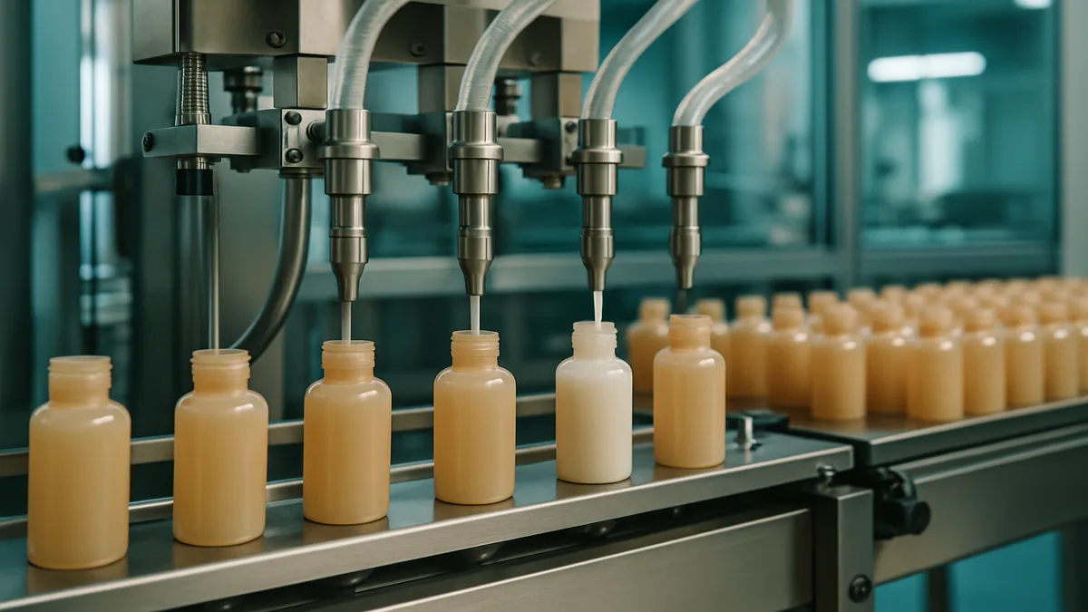 Production line in a modern cosmetics factory filling hotel-branded amenity bottles with automated equipment
