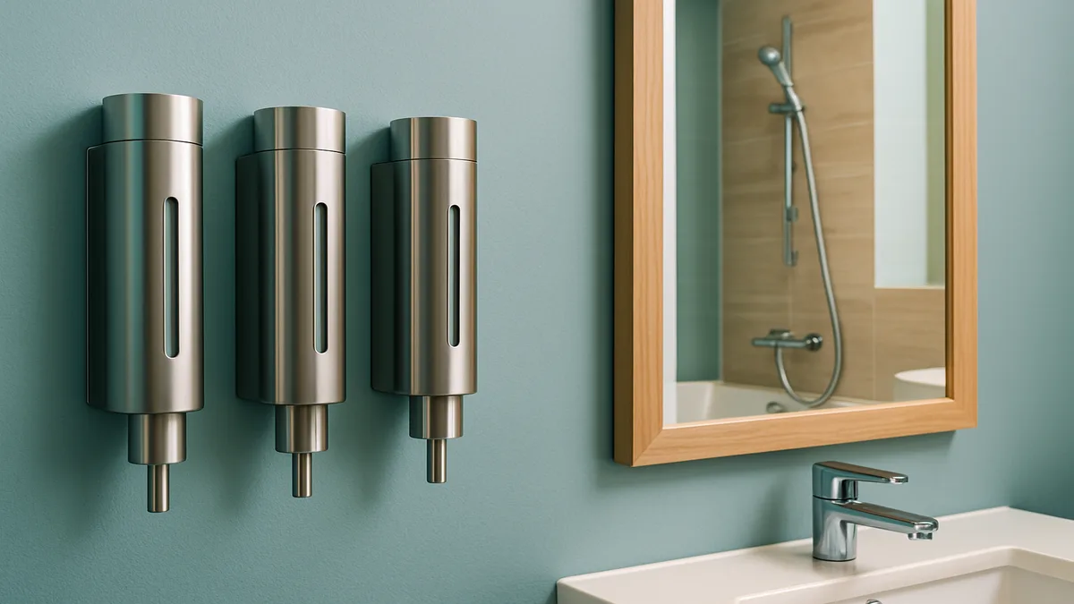 Wall-mounted refillable soap and shampoo dispensers in a modern hotel bathroom replacing single-use mini bottles
