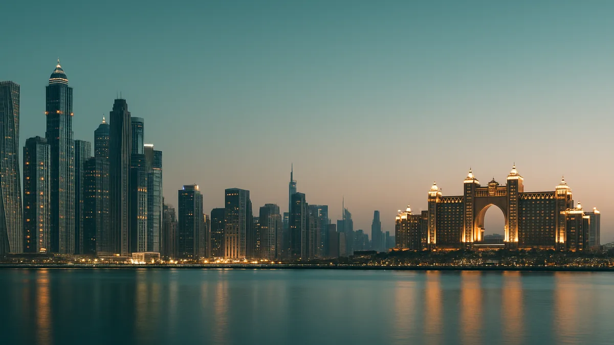 Panoramic view of luxury hotels along the Dubai Marina skyline at sunset representing Middle East hospitality growth