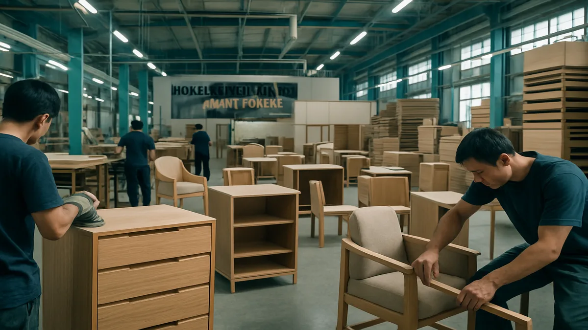 Chinese furniture factory production floor with hotel bedroom sets being manufactured and inspected for quality control