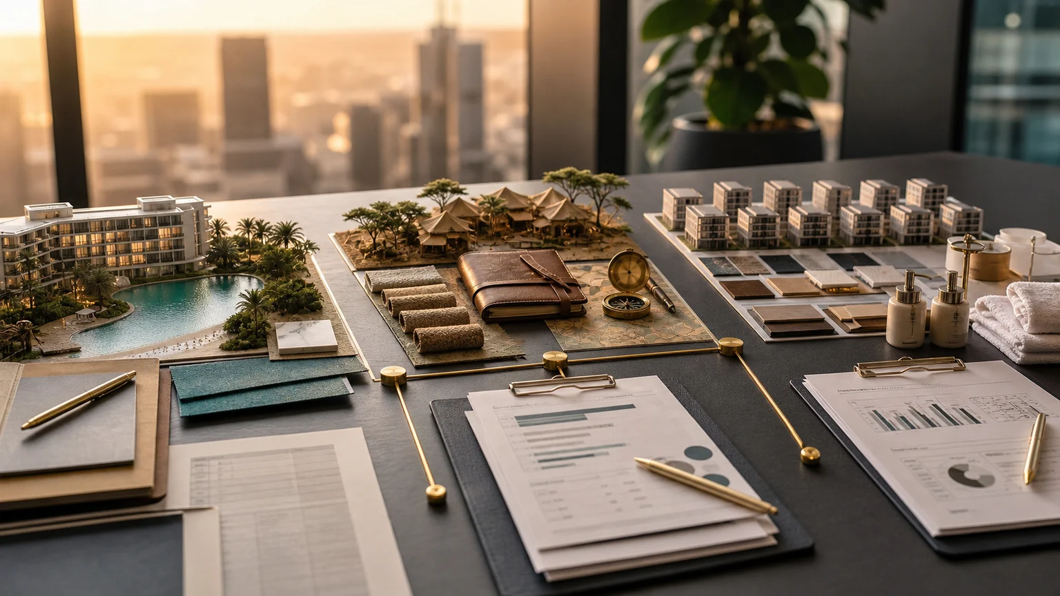 Editorial hotel procurement strategy desk showing a beachfront resort model, safari camp concept, portfolio hotel grid, FF&E swatches, amenities, and market analysis documents