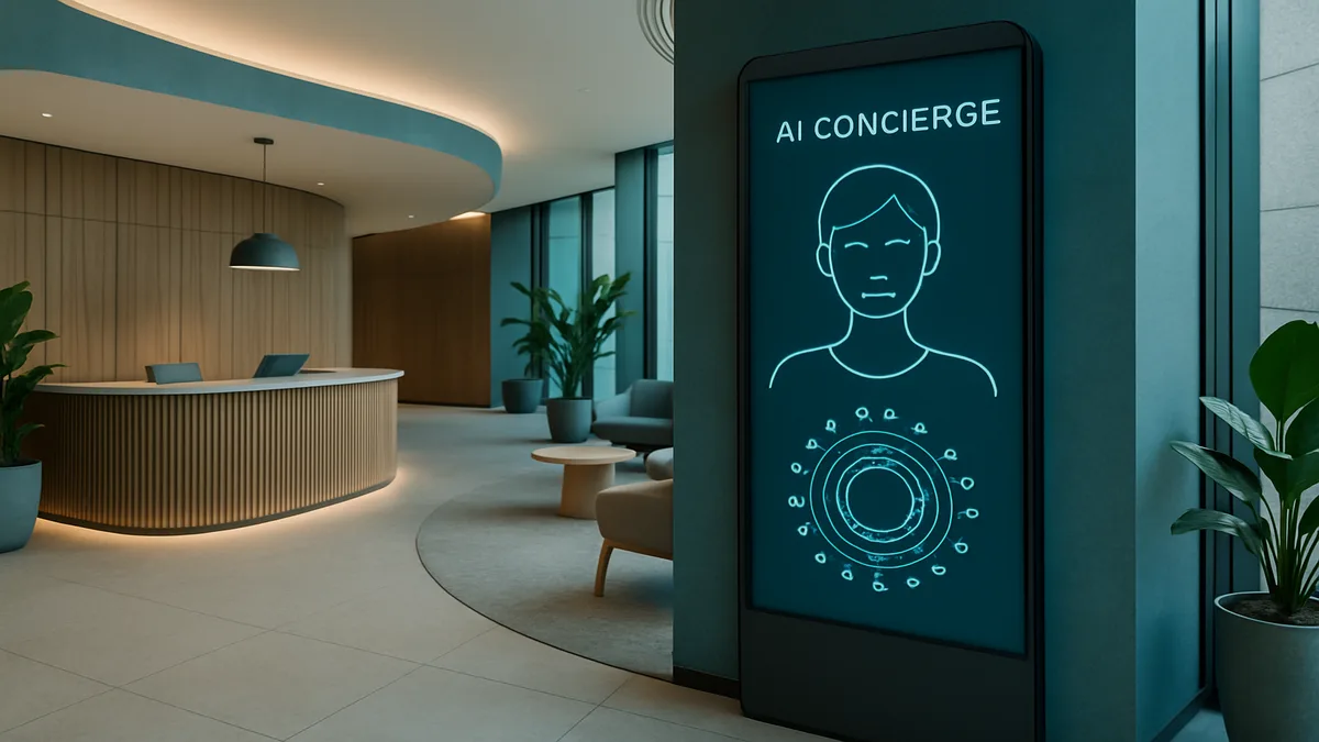 Infographic showing ten hospitality industry trends for 2026 with icons representing AI, sustainability, construction, and digital transformation