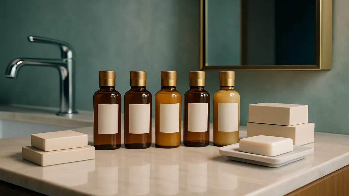Luxury hotel bathroom vanity displaying premium branded guest amenity products