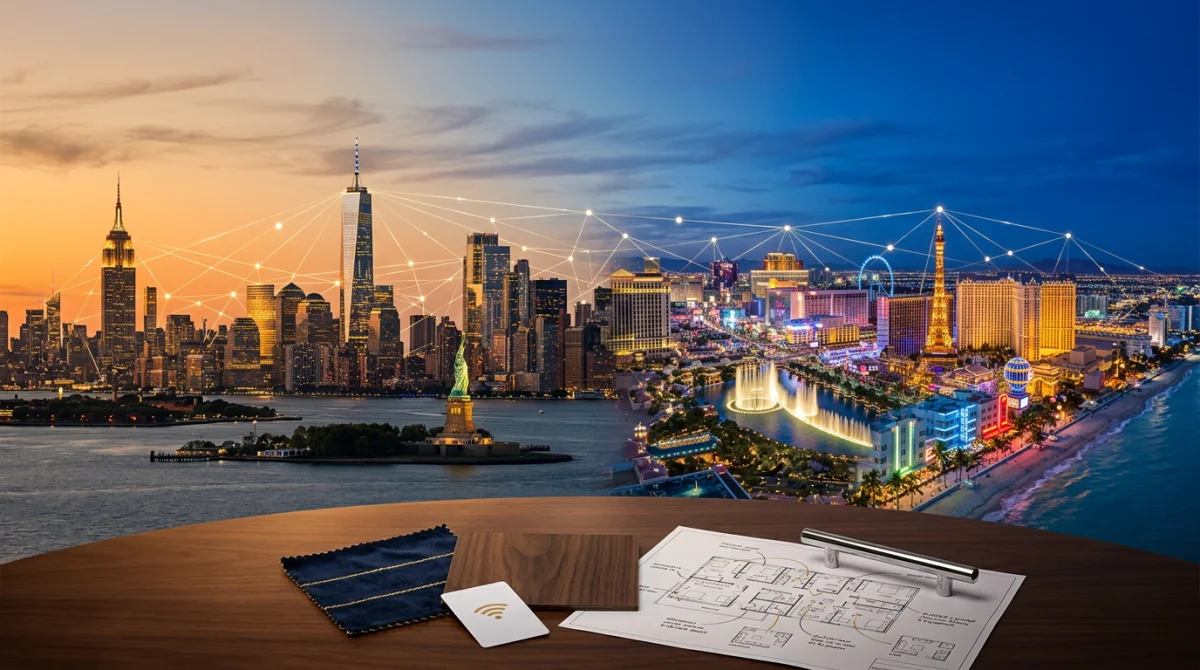 USA hotel skyline — New York, Miami, Las Vegas — overlaid with procurement data network and FF&E material samples