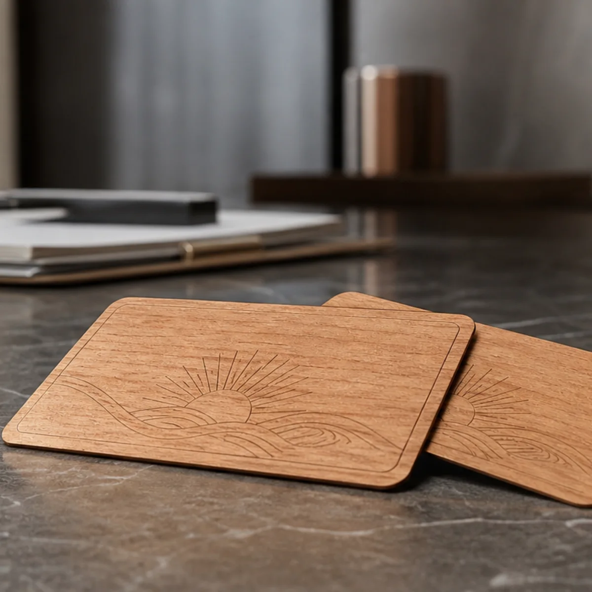 Laser-engraved cherry wood hotel key cards by PrintPlast