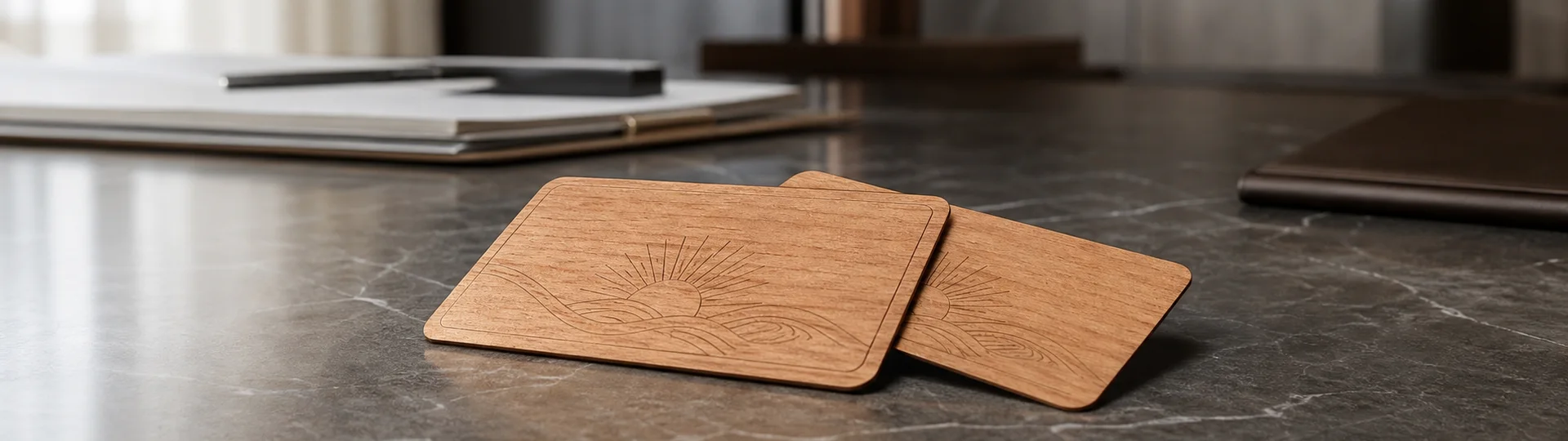 Laser-engraved cherry wood hotel key cards by PrintPlast